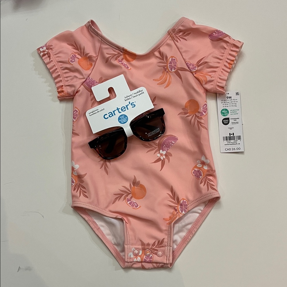 BNWT OshKosh UPF 50 Coral Kids One Piece Swim Suit with Fruit Print + Sunglasses